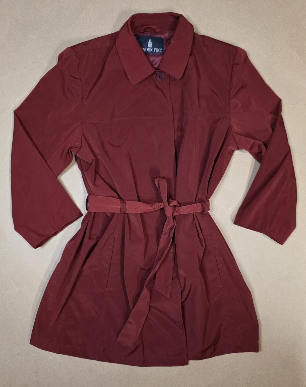 London Fog Women's Deep Red Belted Trench Rain Coat Jacket Pockets Lined Sz XL